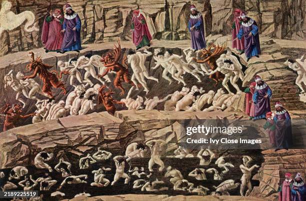 Llustration of Dante’s Divine Comedy . Circle 8 by Sandro Botticelli . In the Royal Copper Engraving Collection in Berlin. It pictures a section of...