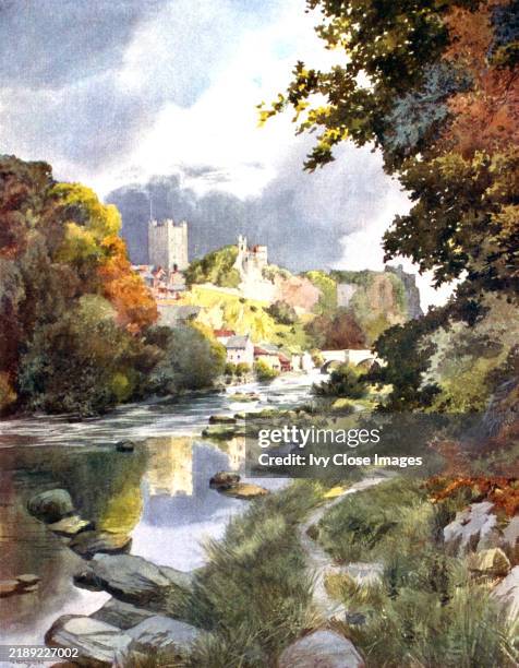This view of Richmond Castle, in Yorkshire, from the banks of the Swale River is one of numerous romantic views that can be found in Richmond,...