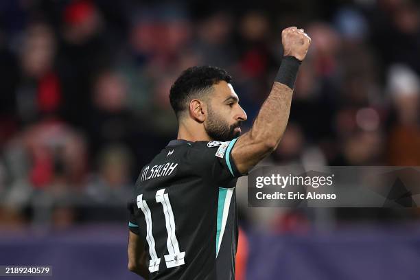 Mohamed Salah of Liverpool celebrates scoring his team's first goal from the penalty spot during the UEFA Champions League 2024/25 League Phase MD6...