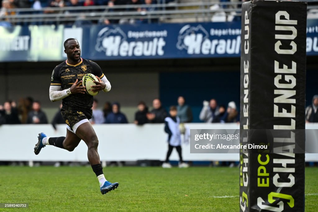 Madosh TAMBWE of Montpellier scores one try during the EPCR Challenge ...