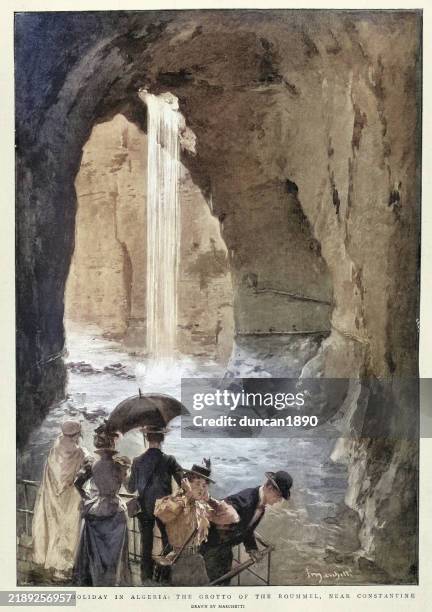 geschichte des tourismus, viktorianische touristen, winterurlaub in algerien, grotte des roummel, bei konstantin, 1899, 19. jahrhundert - grotte stock-grafiken, -clipart, -cartoons und -symbole
