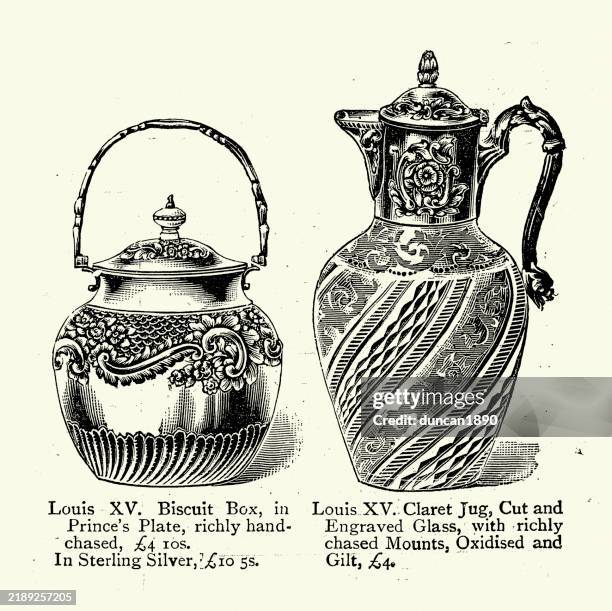 victorian louis xv style silver biscuit box and claret jug, 1899, 19th century, vintage illustration - cookie jar stock illustrations