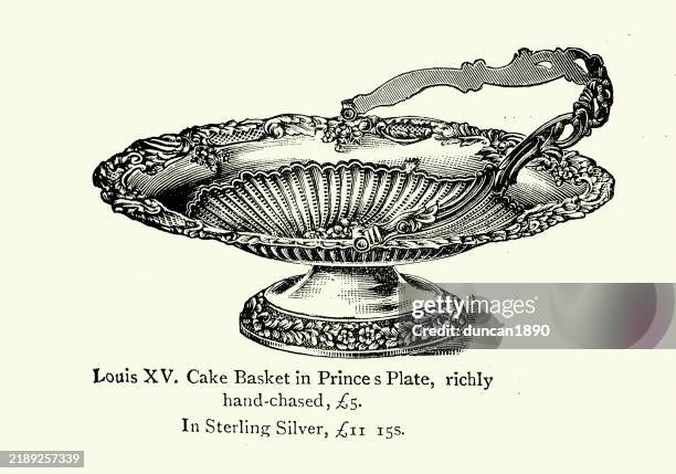 victorian tableware, louis xv style silver cake basket, 1899, 19th century, vintage illustration - empty cake stand stock illustrations