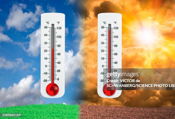 climate change, conceptual image - temperature thermometer stock illustrations