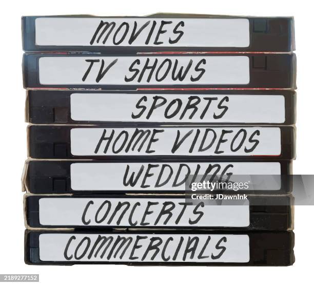stack of retro vhs tapes with content typically taped or recorded on white background - stack stock illustrations