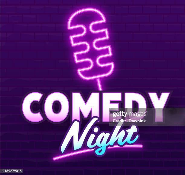 comedy night neon sign advertisement design concept with retro microphone for restaurants and bars nightlife - stand up comedy show stock illustrations