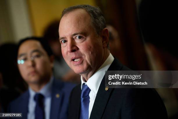 Sen. Adam Schiff , joined by Sen. Andy Kim , speaks during a news conference following the weekly Senate Democratic policy luncheon at the U.S....
