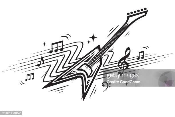 ilustraciones, imágenes clip art, dibujos animados e iconos de stock de partituras y guitarra de rock - música rock