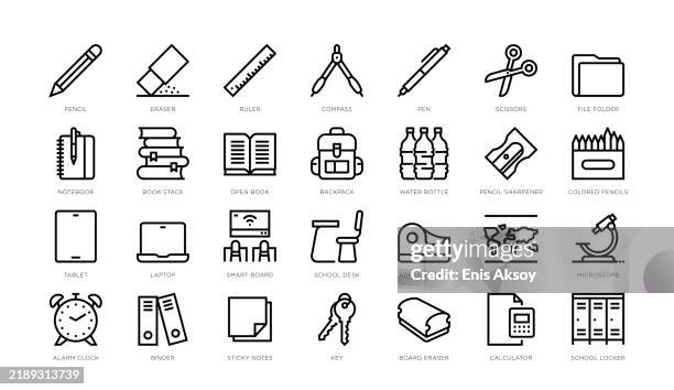 bildbanksillustrationer, clip art samt tecknat material och ikoner med school supplies icons - linjal