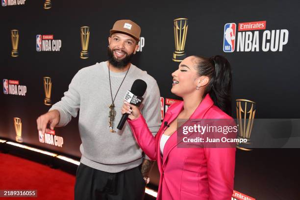 Deron Williams talks to the media before the game between the Atlanta Hawks and the Milwaukee Bucks during the Emirates NBA Cup Semifinal game on...