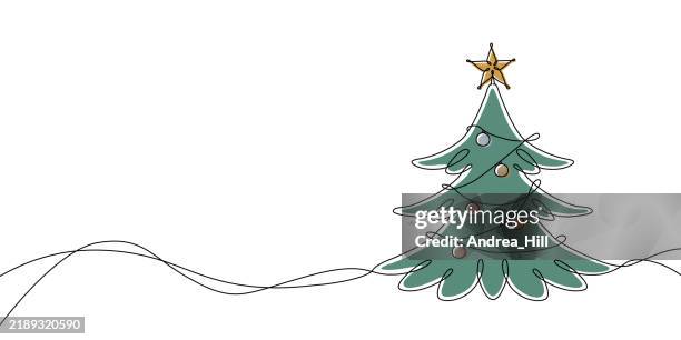weihnachtsbaum banner mit metallischen ornamenten einzeilige zeichnung - weihnachtsbaum freisteller stock-grafiken, -clipart, -cartoons und -symbole