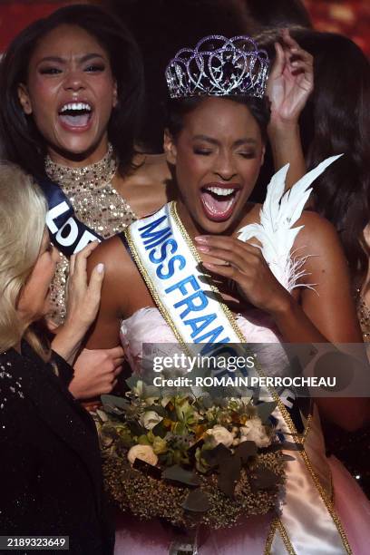 Newly elected Miss France 2025 Angelique Angarni-Filopon celebrates winning the Miss France 2025 beauty pageant at the Arena Futuroscope in...