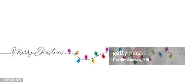 christmas lights continuous line drawing with merry christmas text - fairy-lights-transparent-background stock illustrations