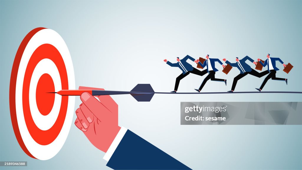 Set new goals and tasks to help or guide the businessmen to reach their goals or complete their tasks, with giant hand held darts guiding the small businessmen to the bull's eye