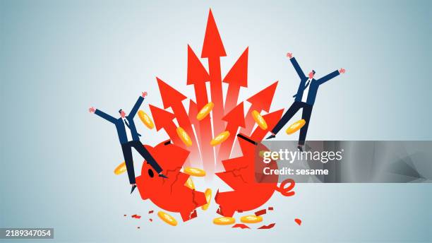 funding explosion, cost overruns, savings crisis, inflation, a rising pack of arrows bursting through and crushing the piggy bank - down payment stock illustrations
