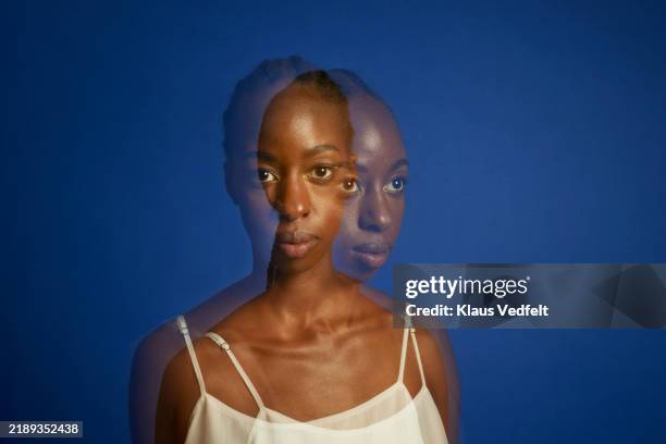 multiple exposure of happy young woman - multiple exposure stock pictures, royalty-free photos & images