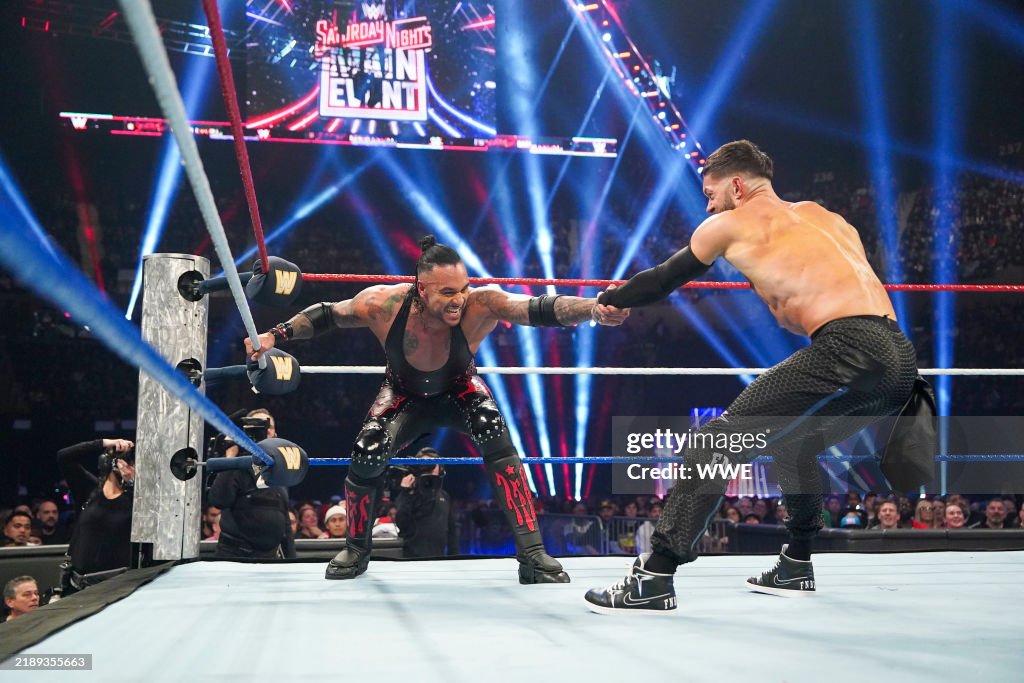 Wwe Rye Damien Priest in action against Finn Balor during Saturday Night Main ...