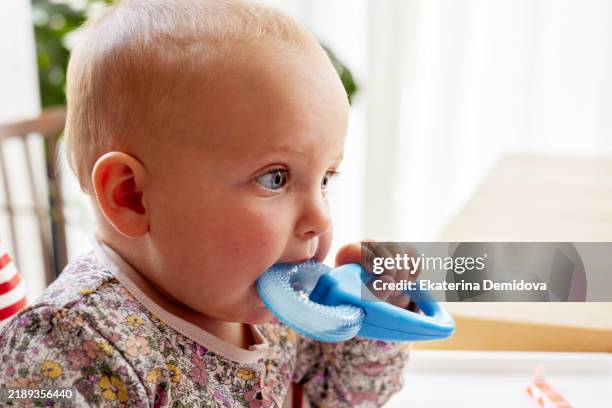 baby girl chewing on teething toy at home - un seul bébé fille photos et images de collection