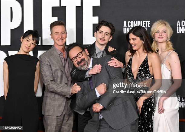 Eriko Hatsune, Edward Norton, James Mangold, Timothée Chalamet, Monica Barbaro and Elle Fanning attend the Los Angeles Premiere of Searchlight...