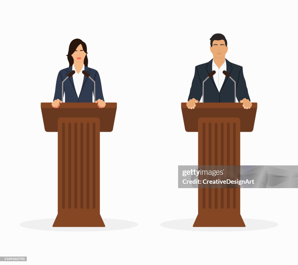 Female And Male Public Speakers Standing At Podium. Conference, Seminar, Debate Or Political Elections Concept