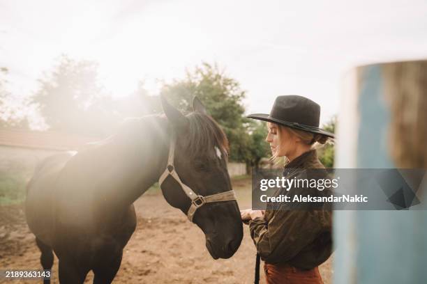 gentle moment between a woman and her horse - cowgirl stock pictures, royalty-free photos & images