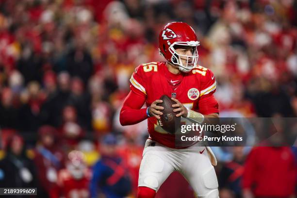 Patrick Mahomes of the Kansas City Chiefs drops back to pass during an NFL football game against the Los Angeles Chargers at GEHA Field at Arrowhead...