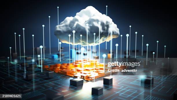 cloud computing concept with digital data flow and storage in a tech environment. data breach concept - cloud security stock pictures, royalty-free photos & images