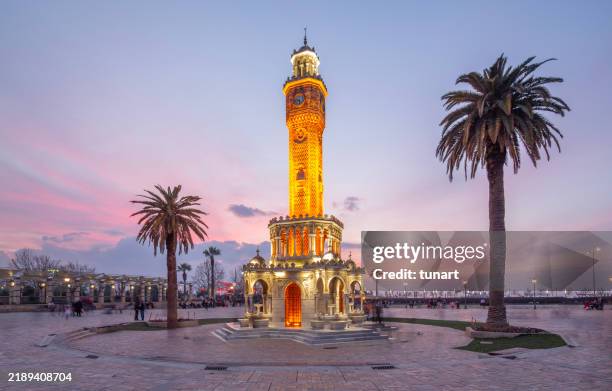 clock tower, konak square, izmir - time lapse clock stock pictures, royalty-free photos & images