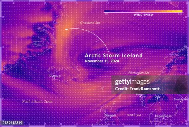 arctic storm 20241115 wind weather map iceland infographic - forecasting graphic stock illustrations