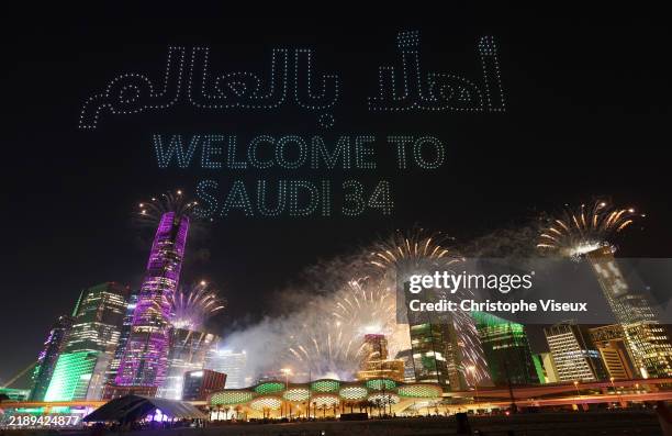Drone show is seen displaying the words "Welcome to Saudi 34" as Saudi Arabia is announced as the host nation for the FIFA World Cup 2034 on December...