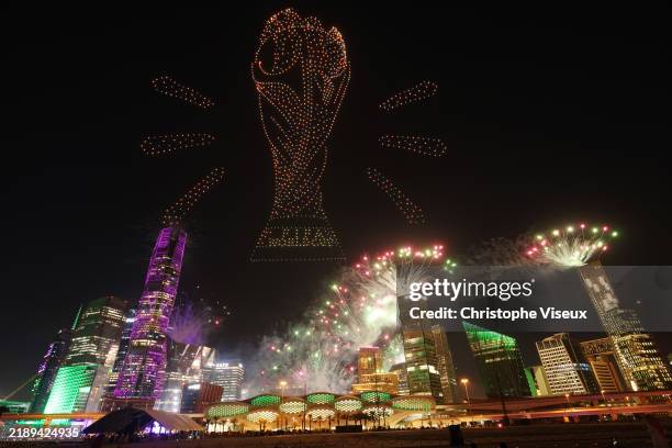 Drone show is seen displaying the FIFA World Cup Trophy as Saudi Arabia is announced as the host nation for the FIFA World Cup 2034 on December 11,...