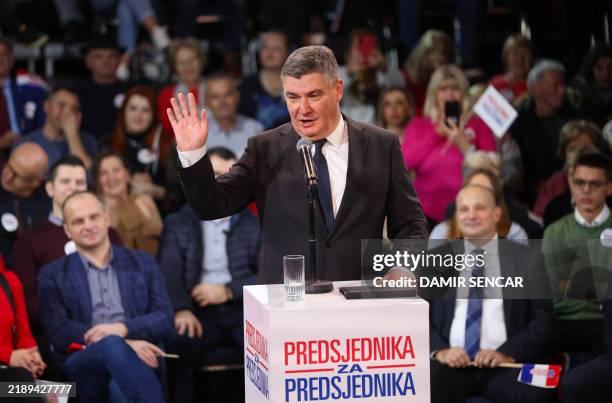 Croatian President and Social Democratic Party presidential candidate, Zoran Milanovic speaks at an election rally ahead of the Croatian presidential...