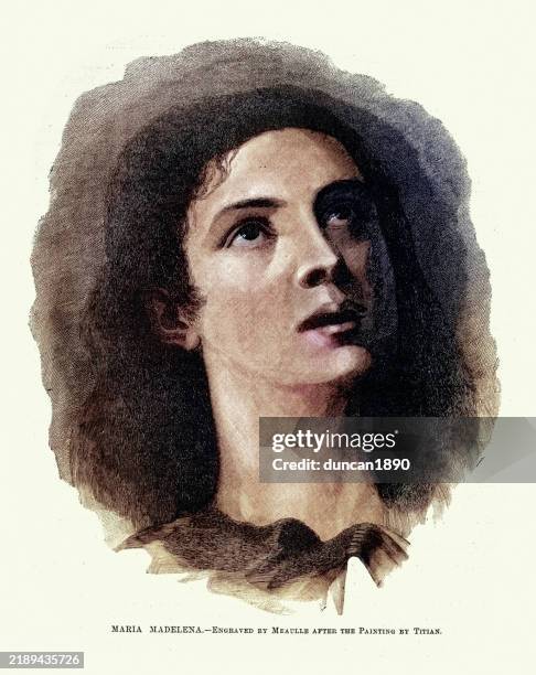 büßende magdalena nach dem gemälde von tizian, viktorianisch, 1880er jahre 19. jahrhundert, vintage-illustration - maria magdalena stock-grafiken, -clipart, -cartoons und -symbole