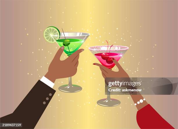 two hands with colorful cocktails - gala evening stock illustrations