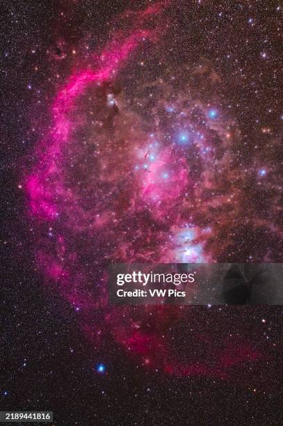 This frames the variety of bright nebulas and dark dust clouds in and around the Belt and Sword of Orion. It shows how the bright Orion Nebula is...