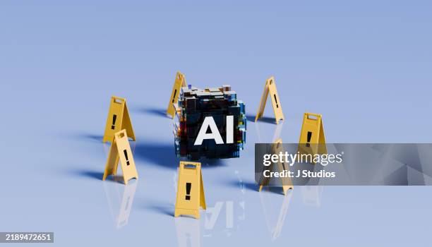 foldable yellow floor signs with with exclamation marks surrounding an ai symbol - risco imagens e fotografias de stock