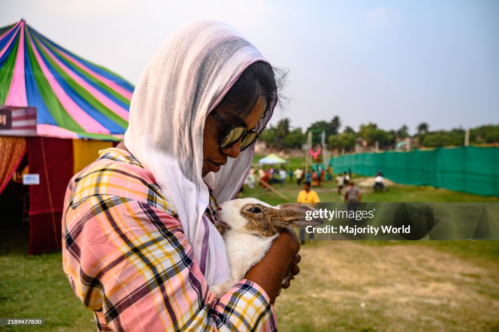 A young village girl and her brother visit the fair with their pet rabbit. The rabbit is repeatedly trying to escape and giving different expressions. A recent study found that domestic rabbits have smaller brains relative to their body size compared to t