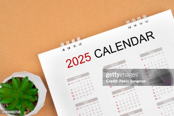 2025 desk calendar and plant pot on brown color background. top view. - événement mensuel photos et images de collection