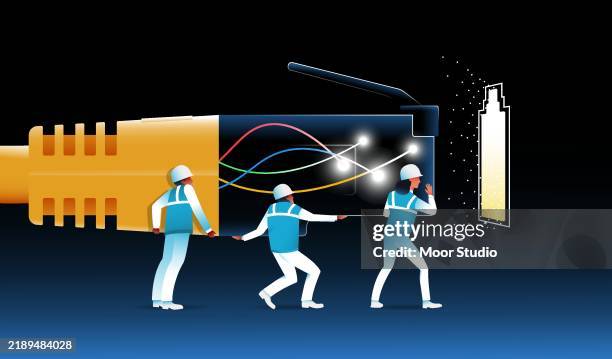 team of engineers connecting internet illustration - cable installation stock illustrations