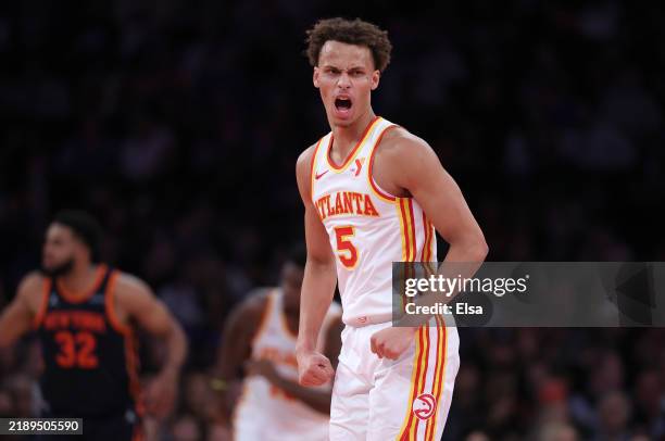 Dyson Daniels of the Atlanta Hawks celebrates a shot during the second half of the quarterfinal game of the Emirates NBA Cup at Madison Square Garden...