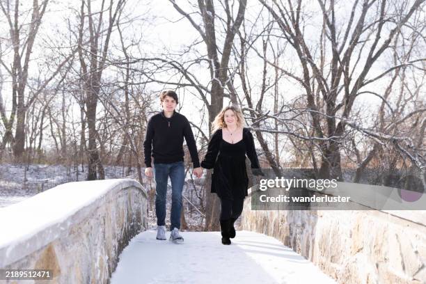 una pareja recién comprometida camina a través de un puente de piedra en un parque en un día de invierno, minnesota - rochester minnesota fotografías e imágenes de stock