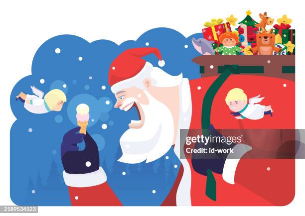 happy santa claus holding ice cream cone - man ready to eat stock illustrations