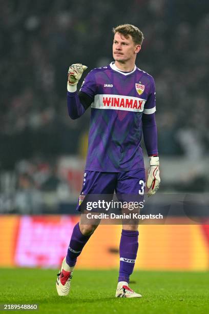 Alexander Nuebel of VfB Stuttgart reacts during the UEFA Champions League 2024/25 League Phase MD6 match between VfB Stuttgart and BSC Young Boys at...