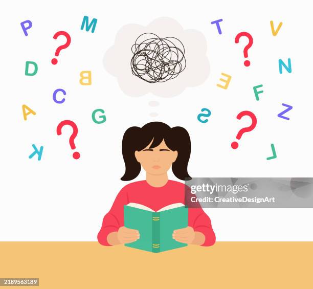 illustrazioni stock, clip art, cartoni animati e icone di tendenza di la ragazza dislessica ha difficoltà a leggere il libro. dislessia, difficoltà di apprendimento, distrazione o disturbo da deficit di attenzione e iperattività - leggere un libro