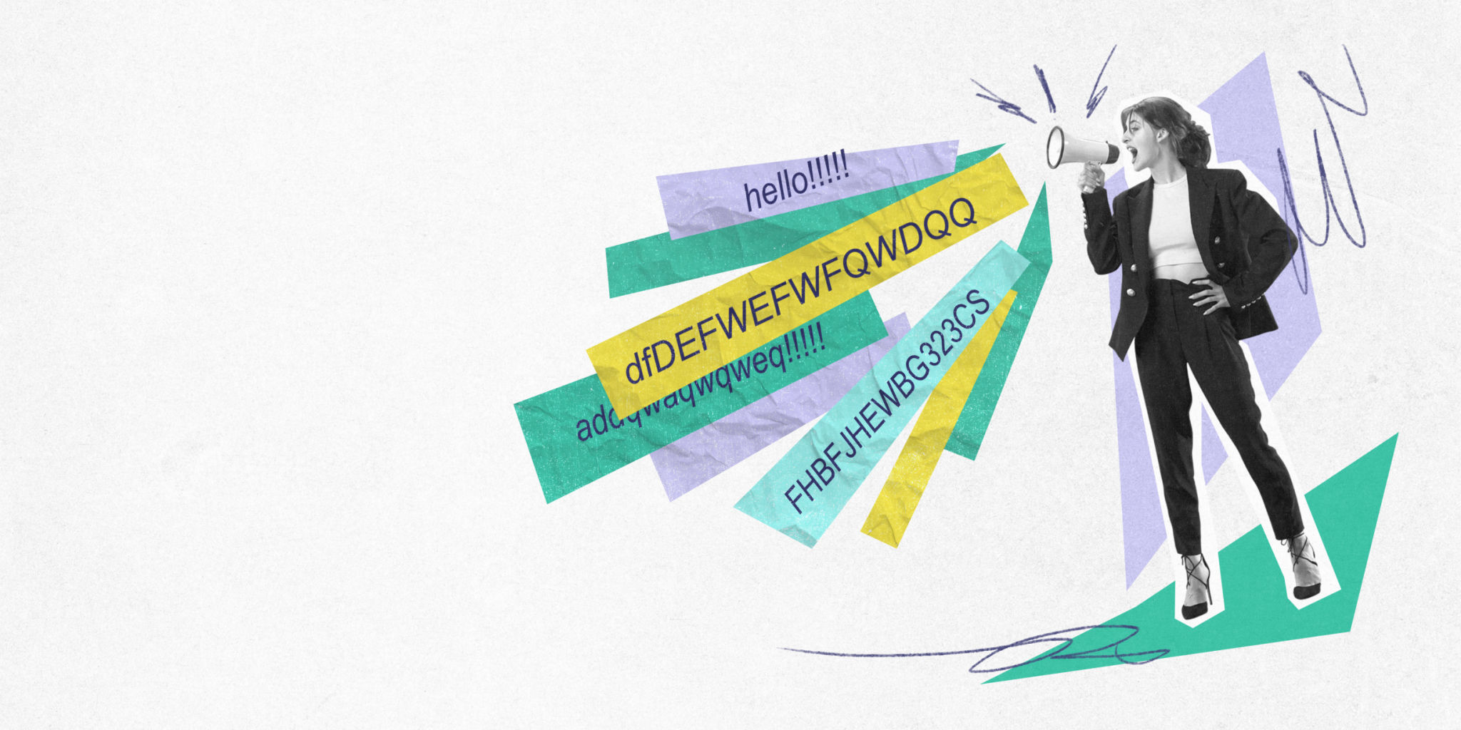 Businesswoman shouting into megaphone with colorful text banners around her, representing communication and expression. Contemporary art collage. Businesswoman shouting into megaphone with colorful text banners around her, representing communication and expression. Contemporary art collage.