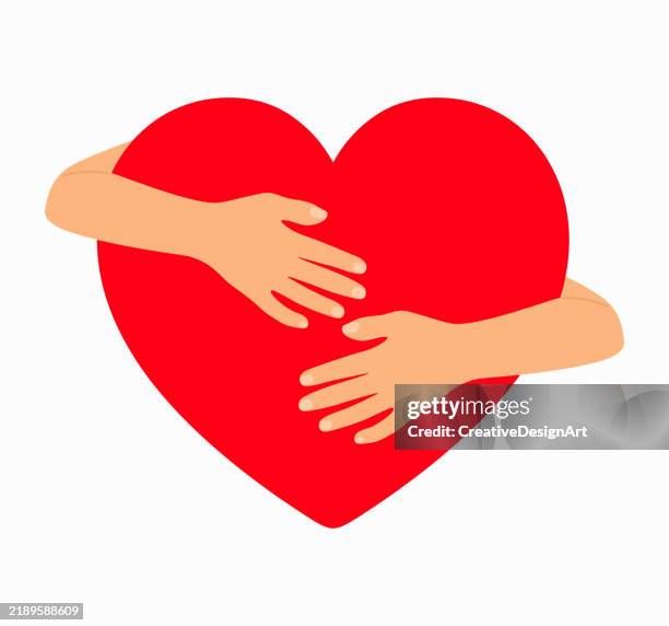 hände, die rotes herz auf weißem hintergrund umarmen. hugging heart, love yourself, valentinstag und charity-konzepte - kindness stock-grafiken, -clipart, -cartoons und -symbole