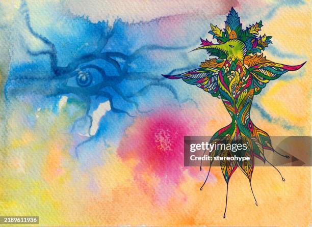 hummingbird electric - arenal volcano stock illustrations