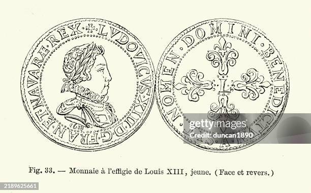 illustrations, cliparts, dessins animés et icônes de histoire de france, monnaie avec portrait de louis xiii de france, 17ème siècle - monarque rôle social