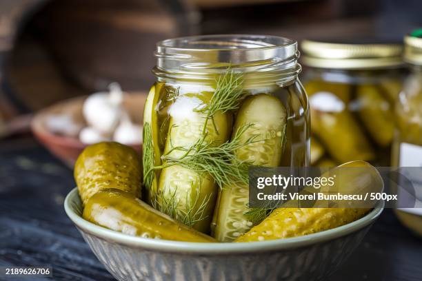 a bowl of pickled cucumbers with dill and garlic - cetriolino foto e immagini stock