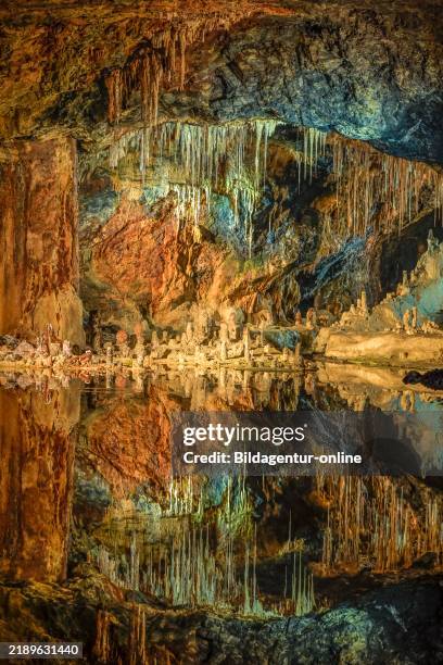 Stalactites in the fairy tale cathedral, fairy grottoes, Saalfeld, Thuringia, Germany.